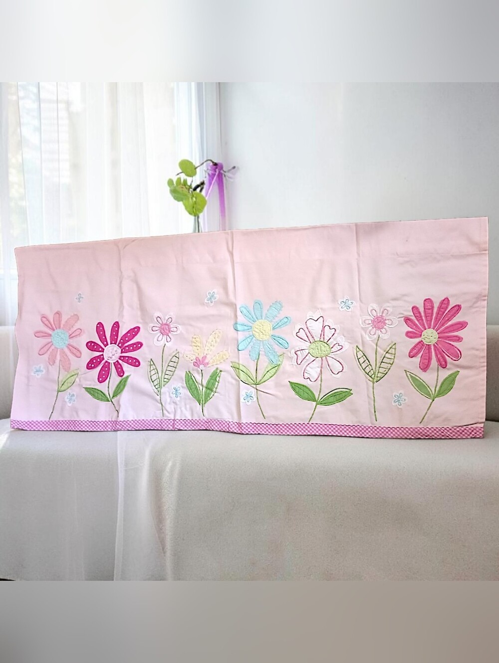 2 Pottery Barn Kids Pink Daisy Garden Valance Cottage 44x18 Embroidered Flowers